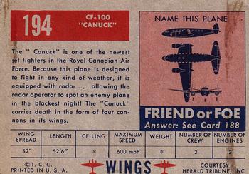 1952 Topps Wings Friend or Foe (R707-4) #194 CF-100 Canuck Back