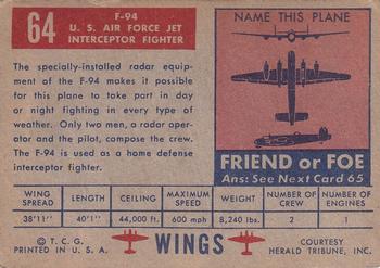 1952 Topps Wings Friend or Foe (R707-4) #64 F-94 Back