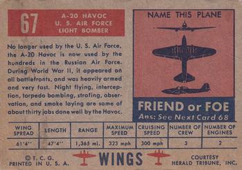 1952 Topps Wings Friend or Foe (R707-4) #67 A-20 Havoc Back