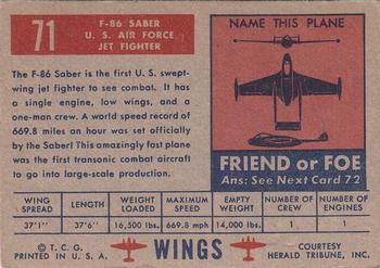 1952 Topps Wings Friend or Foe (R707-4) #71 F-86 Sabre Back