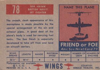 1952 Topps Wings Friend or Foe (R707-4) #78 Sea Hawk Back