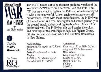1993 The Richards Group World War II War Machines #4 Curtiss P-40N Warhawk Back