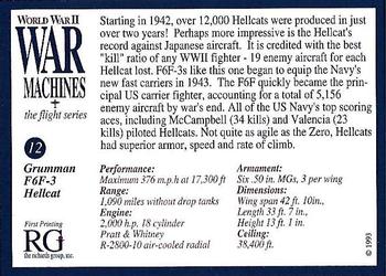 1993 The Richards Group World War II War Machines #12 Grumman F6F-3 Hellcat Back