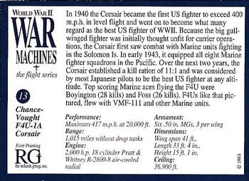 1993 The Richards Group World War II War Machines #13 Chance-Vought F4U-1A Corsair Back