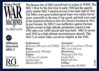 1993 The Richards Group World War II War Machines #45 Mikoyan Gurevich MiG-3 Back