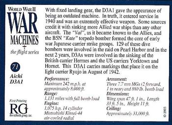 1993 The Richards Group World War II War Machines #71 Aichi D3A1 Back