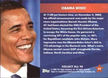 2009 Topps President Obama #64 Obama Wins! Back