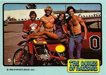1980 Donruss Dukes of Hazzard #5 Bo, Daisy on Motorcycle, Luke and friend Front