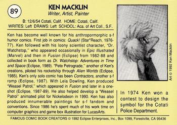 1992 Eclipse Famous Comic Book Creators #89 Ken Macklin Back