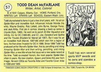 1992 Eclipse Famous Comic Book Creators #57 Todd McFarlane Back