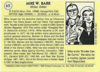 1992 Eclipse Famous Comic Book Creators #65 Mike W. Barr Back