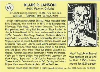 1992 Eclipse Famous Comic Book Creators #69 Klaus Janson Back