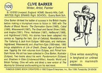 1992 Eclipse Famous Comic Book Creators #102 Clive Barker Back