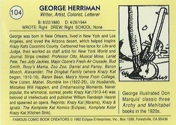 1992 Eclipse Famous Comic Book Creators #104 George Herriman Back
