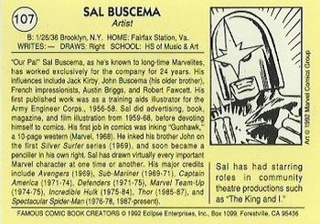 1992 Eclipse Famous Comic Book Creators #107 Sal Buscema Back