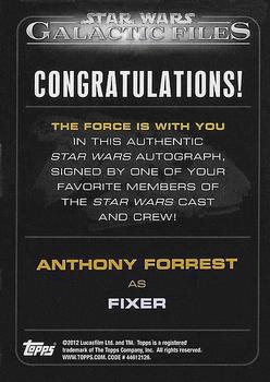 2012 Topps Star Wars: Galactic Files - Autographs #NNO2 Anthony Forrest Back