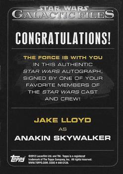 2012 Topps Star Wars: Galactic Files - Autographs #NNO9 Jake Lloyd Back