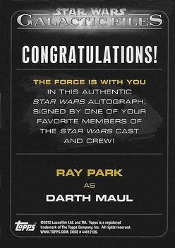 2012 Topps Star Wars: Galactic Files - Autographs #NNO16 Ray Park Back
