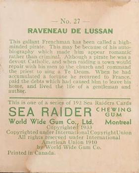 1933 World Wide Gum Sea Raiders (Canadian Version / English) (V359-1) #27 Raveneau de Lussan Back