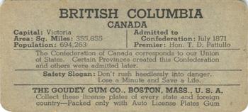 1938 Goudey Auto License Plates (R19-3) #NNO British Columbia Back