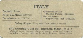 1938 Goudey Auto License Plates (R19-3) #NNO Italy Back