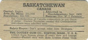 1938 Goudey Auto License Plates (R19-3) #NNO Saskatchewan Back