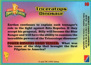 1994 Collect-A-Card Mighty Morphin Power Rangers (Walmart) #10 Triceratops Dinosaur Back