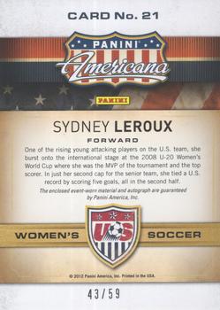2012 Panini Americana Heroes & Legends - US Women's Soccer Team Materials Signatures #21 Sydney Leroux Back