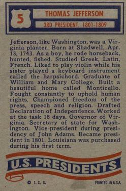 1956 Topps U.S. Presidents (R714-23) #5 Thomas Jefferson Back