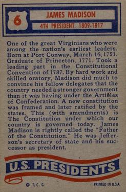 1956 Topps U.S. Presidents (R714-23) #6 James Madison Back