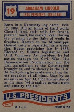 1956 Topps U.S. Presidents (R714-23) #19 Abraham Lincoln Back