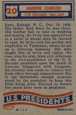 1956 Topps U.S. Presidents (R714-23) #20 Andrew Johnson Back