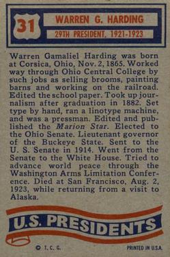 1956 Topps U.S. Presidents (R714-23) #31 Warren G. Harding Back