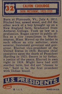1956 Topps U.S. Presidents (R714-23) #32 Calvin Coolidge Back