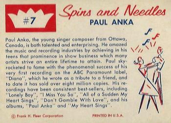 1960 Fleer Spins and Needles #7 Paul Anka Back