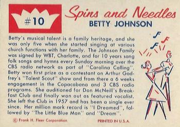 1960 Fleer Spins and Needles #10 Betty Johnson Back