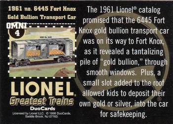 1998 DuoCards Lionel Greatest Trains - Omni #4 1961 no. 6445 Fort Knox Gold Bullion Trans Back