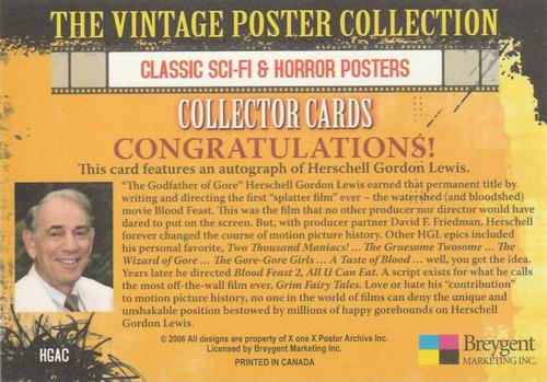 2007 Breygent Classic Sci-Fi & Horror Posters #HGAC Herschell Gordon Lewis Back