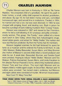 1992 Eclipse True Crime #71 Charles Manson Back
