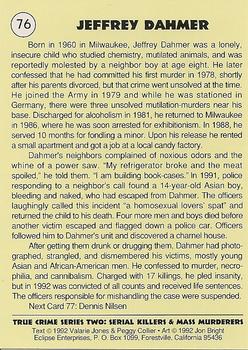 1992 Eclipse True Crime #76 Jeffrey Dahmer Back
