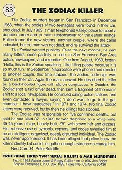 1992 Eclipse True Crime #83 The Zodiac Killer Back