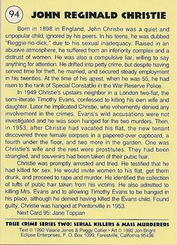 1992 Eclipse True Crime #94 John Reginald Christie Back