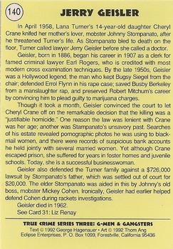 1992 Eclipse True Crime #140 Jerry Geisler Back
