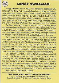 1992 Eclipse True Crime #160 Longy Zwillman Back
