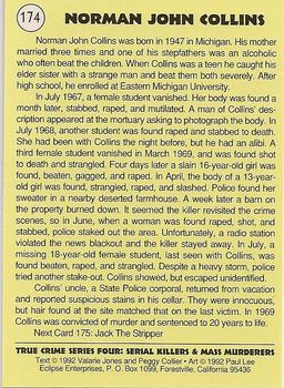 1992 Eclipse True Crime #174 Norman John Collins Back