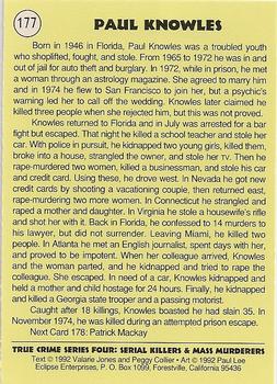 1992 Eclipse True Crime #177 Paul Knowles Back