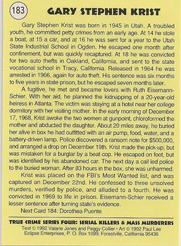 1992 Eclipse True Crime #183 Gary Krist Back
