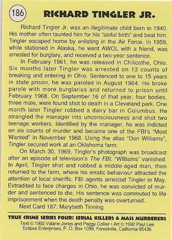 1992 Eclipse True Crime #186 Richard Tingler Jr. Back