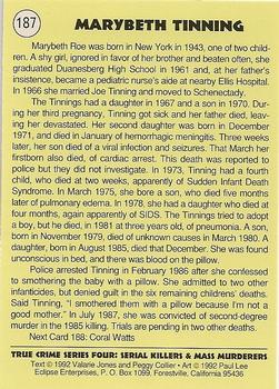 1992 Eclipse True Crime #187 Marybeth Tinning Back