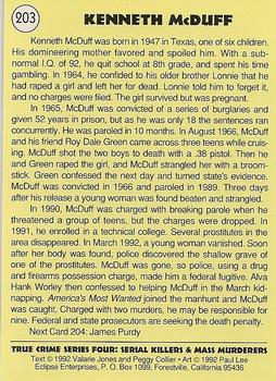 1992 Eclipse True Crime #203 Kenneth McDuff Back